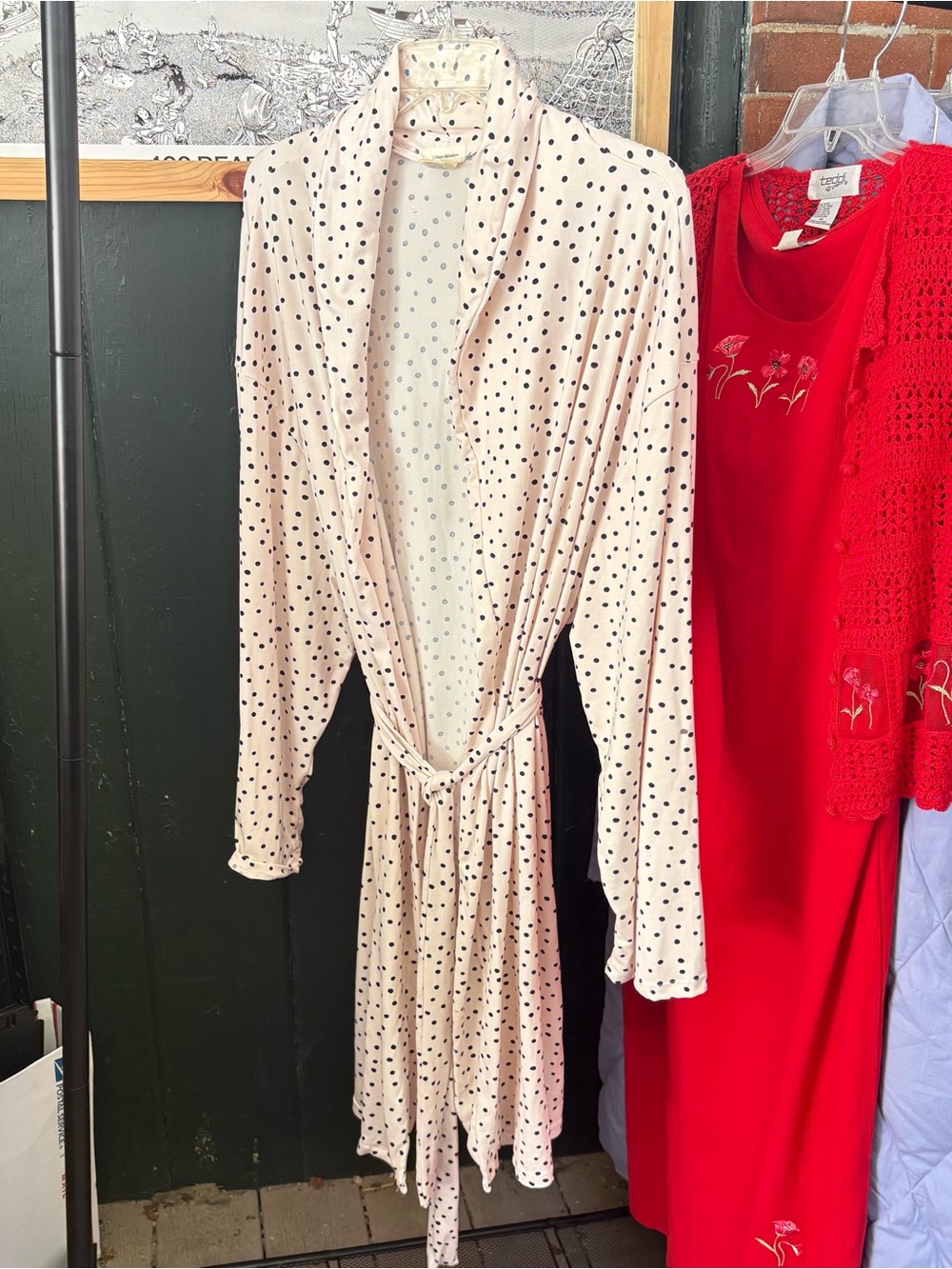 Catherine Malandrino Cream Polka Dot Wrap Robe with Black Dots